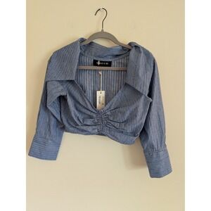 Just Bee Queen Jordan Top Blue Pinstripe Ruched Crop Wide Collar Small NWTs